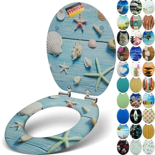 Sanfino WC-Sitz „Blue Star“ mit Absenkautomatik – Hochwertiger Toilettendeckel aus Holz - Hochwertiger WC-Sitz aus Holzfaser mit Soft Close-Technologie für sanftes Schließen. Bunte Motive verleihen Ihrem Bad eine individuelle Note. Einfache Montage mit verstellbaren Scharnieren.