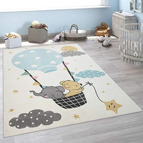 Paco Home Kinder-Teppich, Kurzflor für Kinderzimmer - Teppich & Läufer für Baby- & Kleinkinderzimmer, mit süßem Elefant, Bär und Mond-Motiv, robust, pflegeleicht und Fußbodenheizung geeignet.
