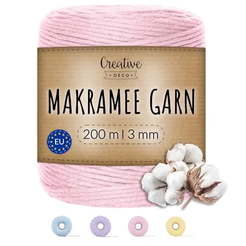 Creative Deco 200m Pastel Rosa Makramee Garn Baumwoll Polyester Kordel Baumwollschnur | 656 Fuß | 2-3 mm Dicke | Große Rolle Naturliche Starke | Perfekt für Basteln, DIY, Handwerk & Stricken