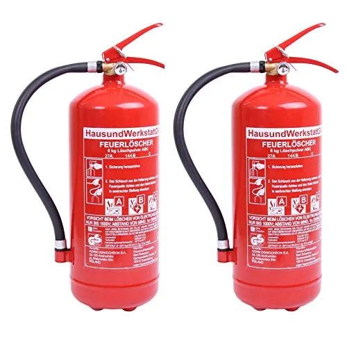Doppelpack 6 kg Pulver Feuerlöscher GP-6X mit Manometer - Zuverlässige 6 kg ABC-Pulver-Feuerlöscher, frostsicher und wartungsfähig bis zu 20 Jahre, ideal für Gewerbe und öffentliche Gebäude, inklusive Wandhalterungen und Brandschutzzeichen.
