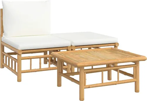 vidaXL 3-tlg. Garten-Lounge-Set mit Kissen Creme Bambus - Hochwertiges Gartenmöbel-Set aus robustem Bambus, ideal für entspannte Stunden im Freien. Inklusive bequemer Kissen für höchsten Sitzkomfort und einem praktischen Couchtisch. Perfekt für deinen Outdoor-Bereich!
