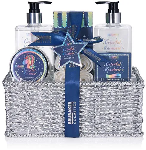 BRUBAKER Cosmetics 10-tlg. Einhorn Bade- und Dusch Set Colorful Rainbow - Geschenkset mit Vanille Lavendel Duft in Geschenkkorb Silber