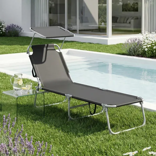 SONGMICS Klappbare Gartenliege mit verstellbarer Sonnenblende - Praktische Sonnenliege für den Außenbereich, bis 110 kg belastbar. Ideal für entspannte Stunden im Garten oder am Strand, mit robuster Bauweise und eleganter schwarzer Optik.