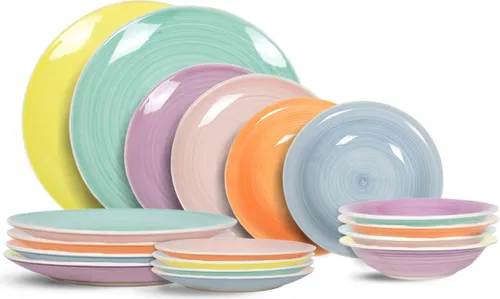 Cookinglife Pastel Harmony 18-teiliges Geschirrset / 6 Personen – 6 Speiseteller, 6 Frühstücksteller und 6 tiefe Teller
