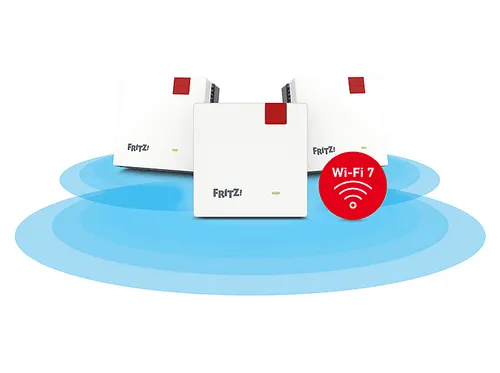 AVM FRITZ!Mesh Set 1700 - 3er-Set WLAN Mesh-System - WLAN-Verstärker & Repeater mit bis zu 3.600 MBit/s für nahtloses Surfen in jedem Raum, einfache Einrichtung per App und hohe Sicherheit dank WPA3-Verschlüsselung.