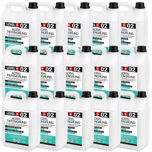 Acryl Tiefengrund 75L – Hochwertige Grundierung für Farben und Tapeten - LEVEL+02 ACRYL TIEFENGRUND – für optimale Haftung und gleichmäßige Saugfähigkeit auf mineralischen Untergründen. Lösemittelfrei, emissionsarm und vielseitig einsetzbar in Innenräumen.
