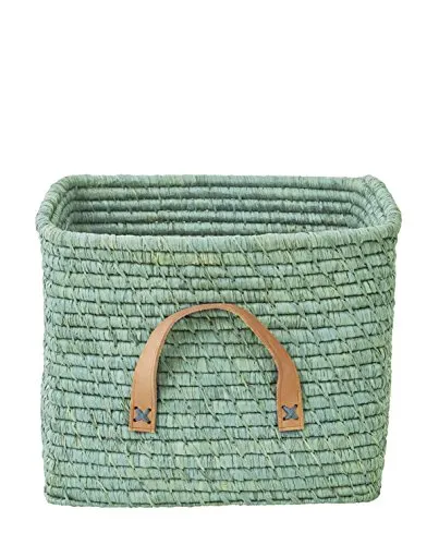 RICE Aufbewahrungskorb Raffia Korb Türkis mit Ledergriff in blau von rice