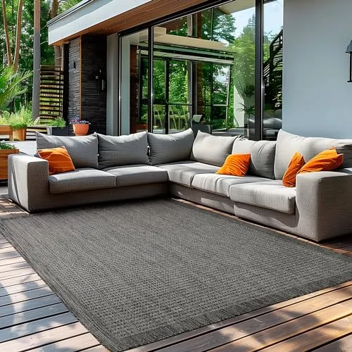 Teppium Modern Outdoor Teppich Wetterfest 240 x 340 cm Schwarz- Flachgewebe Sisaloptik Balkon Teppich Wasserfest - Waschbarer Teppich für Garten, Terrasse, Camping und Küche