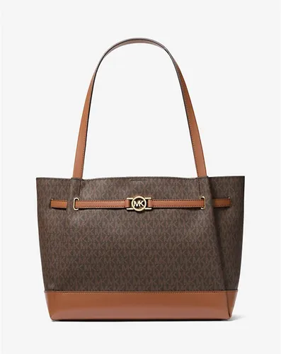 MICHAEL KORS REED LG Belted TOTE Tasche in Braun - Elegante Damenhandtasche mit MK Signature Muster, groß und praktisch für Business und Freizeit. Aus hochwertigem PVC mit stilvollem Ledergriff und Magnetverschluss.