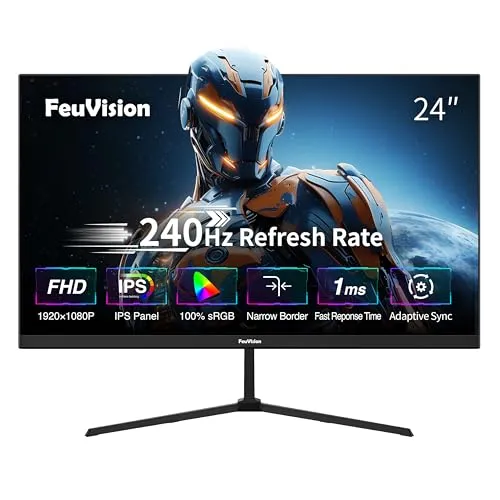 FeuVision 24 Zoll Gaming Monitor, 240Hz, FHD 1080p, PC Monitor, 1ms, IPS Panel, FreeSync, Adaptive-Sync, VESA montierbar, Eye-Care, 100% sRGB, Rahmenlos Bildschirm, HDMI*1, DP*1