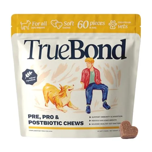 TrueBond Probiotika für Hunde – Mit Pre-, Pro- & Postbiotika (Oralin®, Inulin, EpiCor®) – Mit Kürbis, Psyllium & Bierhefe – Für gesunde Verdauung & Immunsystem – 60 Kausnacks