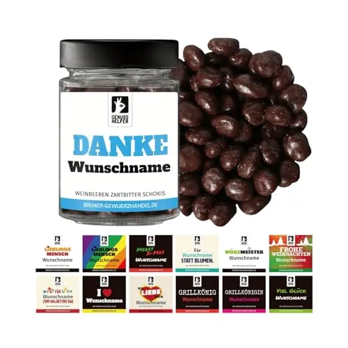 Bremer Gewürzhandel Geschenkglas mit Namen: Weinbeere Zartbitter Schokis, personalisierte Schokolade, leckeres Geschenk mit Wunschnamen, 130g