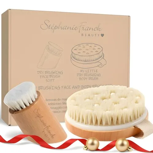Stephanie Franck Beauty Trockenbürsten Set – Dry Brushing Geschenk für Weihnachten – Körper- & Gesichtsbürste aus Kirsch- & Buchenholz mit Naturborsten – für Lymphdrainage, Cellulite & Peeling