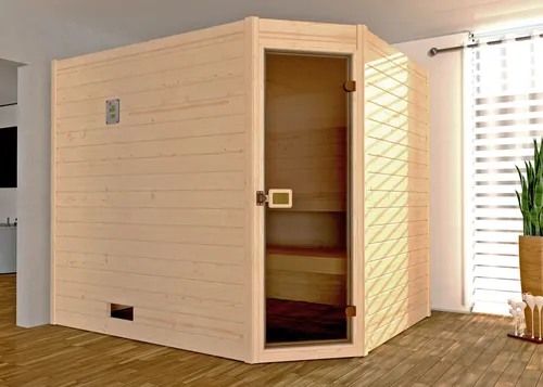 Weka Massivholzsauna VALIDA Eck 3 Glastür - Sauna aus massivem Holz mit 3 Glastüren, ideal für Entspannung und Wellness in den eigenen vier Wänden.