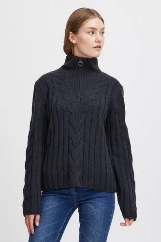 OXMO by OXOtilly Pullover - Grobstrick Troyer in Total Eclipse - Pullover für Damen, nachhaltiger Grobstrick-Troyer mit Reißverschluss und modischem Zopfstrick Muster, ideal für Freizeit und Büro.