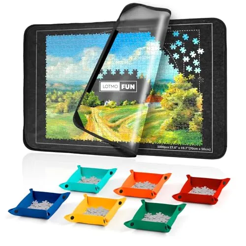 LOTMOFUN Puzzlebrett 1000 Teile, Tragbare Puzzlematte aus Filz mit Transparenter Wasserdichter & Staubdichter Abdeckung für Puzzleaufbewahrung, Puzzle Board mit 6 Sortierschalen, 81x56cm