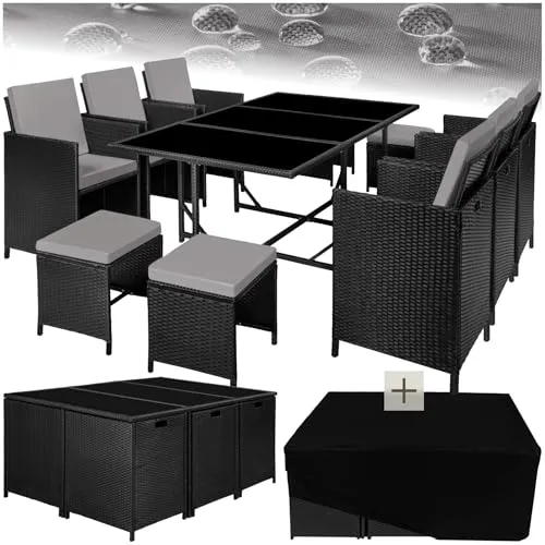 tectake Rattan Sitzgruppe Malaga, 12-teilig - Gartenmöbel aus pflegeleichtem Polyrattan, wasserabweisende Bezüge und klappbare Rückenlehnen für flexibles Design. Inklusive Regenschutzhülle für langlebige Nutzung.