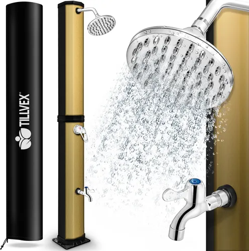 tillvex Solardusche 35 Liter Schwarz/Gold inklusive Schutzhaube Gartendusche Pooldusche Camping Pool Solar Außen Dusche Regendusche