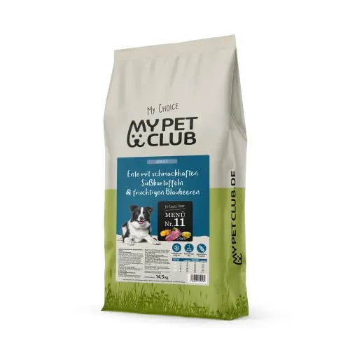 My Pet Club Kaltgepresst Ente (1 x 14,5 kg) getreidefreies Hundefutter | hoher Fleischanteil (ca. 90% Ente frisch)| Muskelfleisch | Naturnahes Trockenfutter mit Kartoffeln & Blaubeere