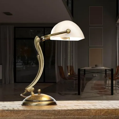 Premium Bankerleuchte aus Echt-Messing in Bronze, 35 cm - Exklusive Schreibtischlampe aus echtem Messing, handgefertigt in Italien. Ideal für Büro und Homeoffice, bietet sie stilvolle Beleuchtung mit einem eleganten Zugschalter.
