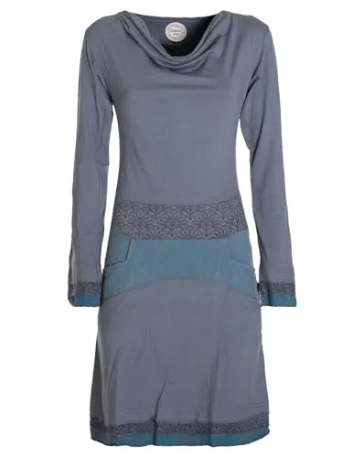 Vishes - Alternative Bekleidung - Langarm Damen Kleid mit Wasserfallkragen Bund Bedruckt Taschen grau 48