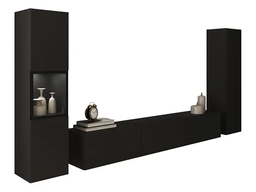 Mirjan24 Wohnwand Bentlor III – Mediawand mit 2 Vitrinen & TV-Lowboard, aufstellbar oder aufhängbar (Schwarzer Graphit, mit weißer LED Beleuchtung)