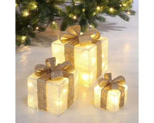 bonsport LED Dekoobjekt Geschenkboxen 3er-Set - Set aus 3 LED beleuchteten Geschenkboxen mit Timerfunktion für stimmungsvolle Dekoration. Ideal für festliche Anlässe, batteriebetrieben und aus hochwertigem Material.