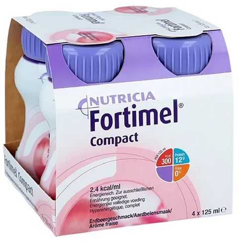 Nutricia Milupa Trinkbeutel Fortimel Compact 2.4 Erdbeere 4er Pack - Trinknahrung für eine optimale Ernährung, 125 ml pro Beutel, ideal für unterwegs und mit leckerem Erdbeergeschmack.