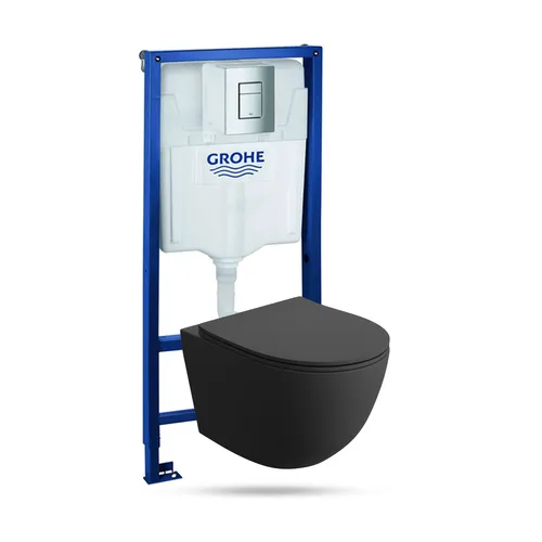 GROHE Vorwandelement Solido + Wand Hänge WC Sinto Schwarz Spülrandlos + + WC Sitz mit Absenkautomatik Verchromter Knopf Komplettset Unterputz Spülkasten Toilette Komplett Sett WC