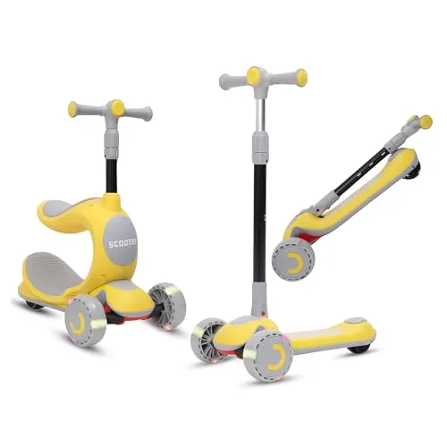 Kinderroller – 3-in-1 Kinder Roller Dreirad mit Sitz & LED Rädern, höhenverstellbar & faltbar – Roller Kinder für Jungen & Mädchen, sicher & robust, ideal als Tretroller ab 2 bis 10 Jahre - Gelb