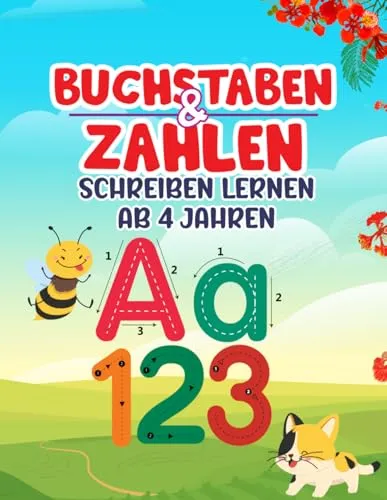 Buchstaben und Zahlen, Schreiben lernen, Übungsheft mit Schwungübungen. Spielerisches Lernen für Kinder ab 4 Jahren.