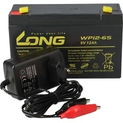 Set - Bleiakku 6V 12Ah und 0,6A Ladegerät von KungLong - Zubehör für Elektrowerkzeug, wartungsfreier Bleiakku mit geringer Selbstentladung und kompaktem Ladegerät mit Überladeschutz für effizientes Laden.