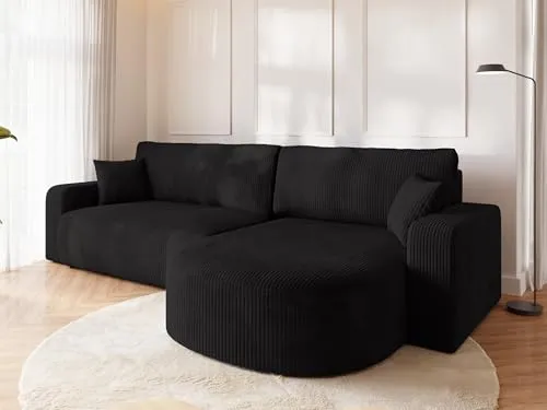 BROMARKT Ecksofa mit Schlaffunktion und Bettkasten Cordstoff Sofa Dreisitzer Schlafsofa Eckcouch Relaxsofa für Wohnzimmer Wohnlandschaft L-Form Bisk 275x170x85cm Schwarz
