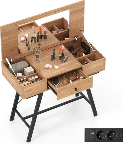 COSTWAY Schminktisch mit großem Spiegel und Ladestation in beige von Costway