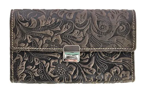 Jockey Club Feminine Damen Kellnerbörse Geldbörse lang, ölgeprägtes Vollrindleder Florale Motive, Ranken und Blüten (Braun)