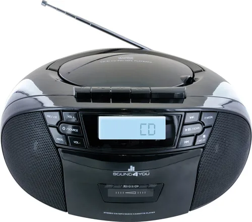 SCHWAIGER 658026 CD-Player mit Kassette und Radio - Retro Boombox mit CD, Kassette, FM-Radio und USB-Anschluss, perfekt für 90er-Jahre-Fans und ideal für unterwegs dank tragbarem Design und Batteriebetrieb.