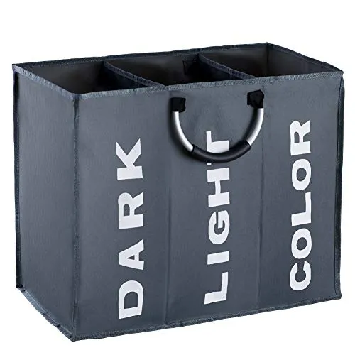IHOMAGIC Wäschesortierer 3 Fächer, Faltbarer Wäschekorb Sortierer, Hell Dunkel Wäschesammler, 3 Fach Braun Kinderzimmer Kinder Wäschebox, Wäschesack Wäschetasche Groß, 90L, 60x32x49cm, Dunkelgrau