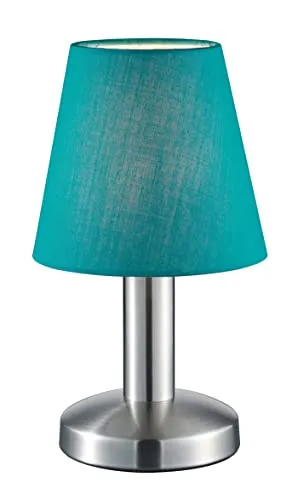 Trio Leuchten Tischleuchte Mats II 599700119 - Moderne Tischlampe in Nickel matt mit türkisfarbenem Stoffschirm. Ausgestattet mit praktischer On/Off Touch-Funktion für einfaches Ein- und Ausschalten. Ideal für stilvolle Akzente in jedem Raum.