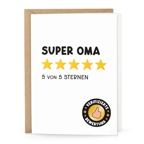 KuschelICH Klappkarte „Super Oma“ – DIN A6, 300g/m² – inkl. Kraftpapierumschlag – Bewertungskarte mit 5 Sternen – Made in Germany (Oma)