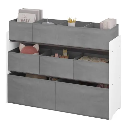 Lestarain Kinderregal, Spielzeugregal, Aufbewahrungsregal für Kinder, Aufbewahrungsboxen aus Vliesstoff, für Kinderzimmer Kindergarten, 92x60x30cm, Grau+Weiß