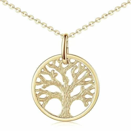 Materia Kettenanhänger Lebensbaum gold - 925 Silber mit Kette - Eleganter Lebensbaum Kettenanhänger aus 925 Silber, hochwertig vergoldet und im Set mit einer längenverstellbaren Ankerkette (42-47cm) – ideal als Geschenk in einer stilvollen Schmuckbox.