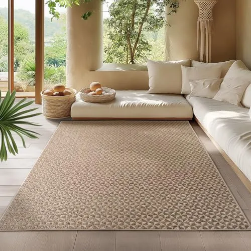 HomebyHome In- & Outdoor Teppich Beige 160x230 cm Läufer, Wetterfest & UV-beständig, Ideal für Küche, Balkon, Terrasse, Wohnzimmer und Esszimmer, Karo-Design im Boho-Stil