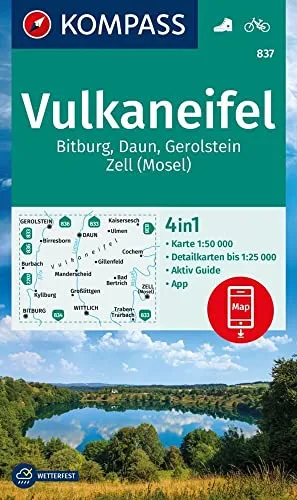 KOMPASS Wanderkarte 837 Vulkaneifel, Bitburg, Daun, Gerolstein, Zell (Mosel) 1:50.000: 4in1 Wanderkarte, mit Aktiv Guide und Detailkarten inklusive ... Verwendung in der KOMPASS-App. Fahrradfahren.