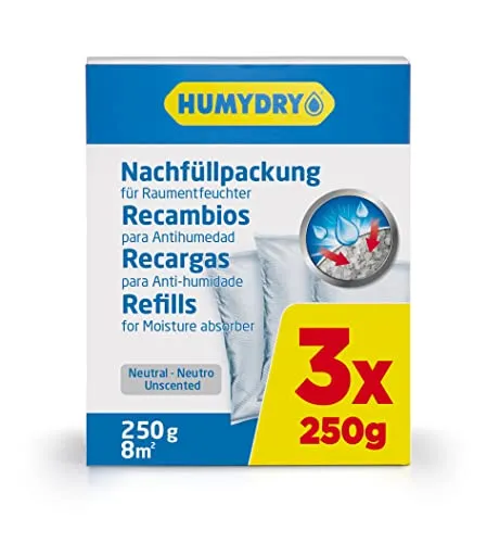 Nachfüllbeutel gegen Feuchtigkeit – Für Kompakt-Luftentfeuchter – 3x250g – Für Bad, Küche und Zuhause – Für Räume bis zu 8 m² – Duft: Neutral – Humydry