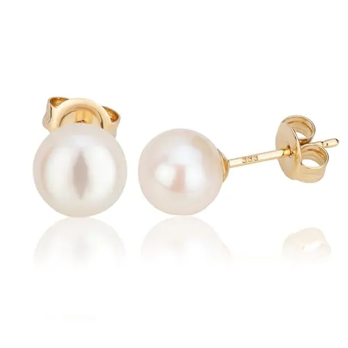 NKlaus Paar 7,5mm echte Süßwasserperle Ohrstecker aus 333 Gelbgold - Ohrringe für Damen | Zeitlose Eleganz mit 7,5mm Süßwasserperlen und 333er Gelbgold, perfekt für jeden Anlass und ein Must-Have für stilbewusste Frauen.