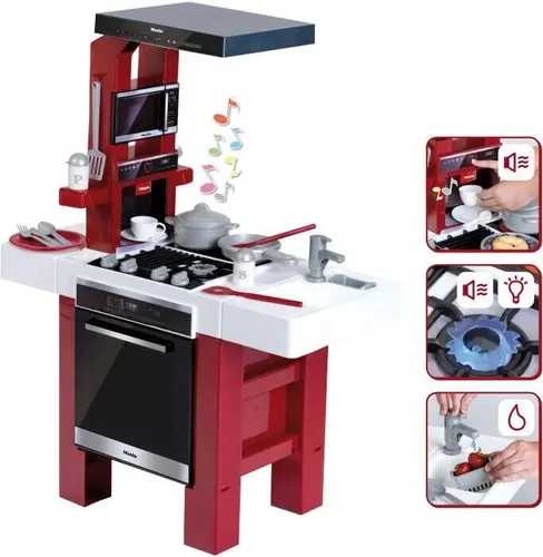 Miele Küche Petit Gourmet - Spielzeugküche mit beidseitig bespielbarem Design, inklusive Espressomaschine, Backofen, Mikrowelle und Gaskochfeld für kreatives Spielen und Kochen.