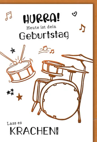 Geburtstag - Karte mit Umschlag - Schlagzeug, Zeichnung