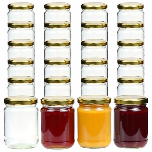 gouveo 24er Set Einmachgläser 580 ml mit goldfarbenem Schraubdeckel - Einmachgläser für Marmelade, Eintöpfe und Selbstgemachtes. Die 580 ml Gläser sind spülmaschinenfest und wiederverwendbar, ideal zum Einwecken und Verschenken!