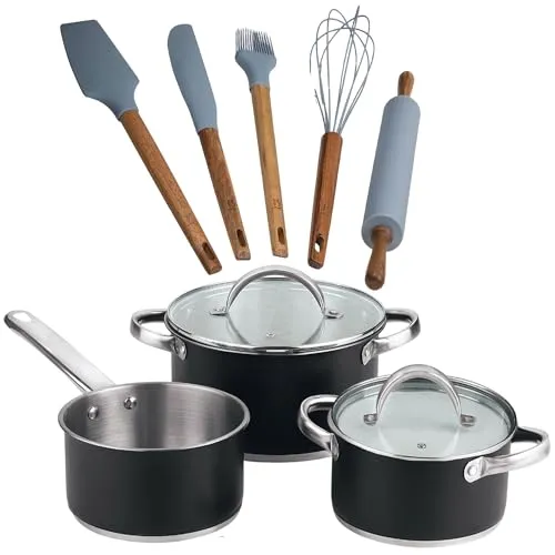 5-teiliges Kochgeschirr-Set (2 Töpfe mit Deckel + Kasserolle) Stahl mit Beschichtung + 5 Küchenutensilien aus Silikon und Holz