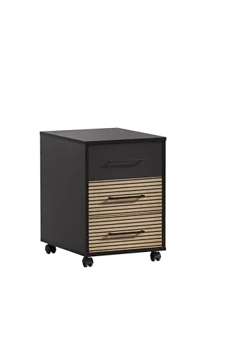 Schildmeyer Rollcontainer Hank 158264 - Schwarzmatt mit Akustikpaneel Optik - Schuhschrank Rollcontainer 40 x 50 x 57 cm mit 3 Schubkästen, schallabsorbierendes Akustikpaneel für ruhige Räume, mobil auf 4 Rollen, 2 davon gebremst.